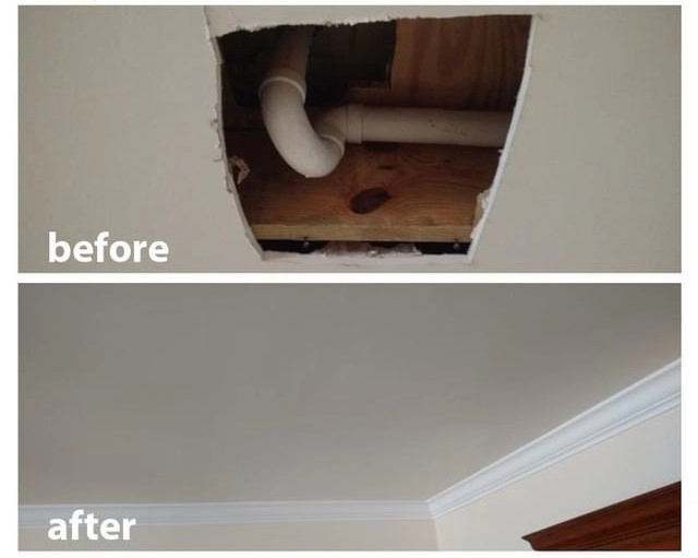 The ceiling of a home with a hole in it before and after Mr. Handyman has provided service for drywall repairs in Knoxville, TN.