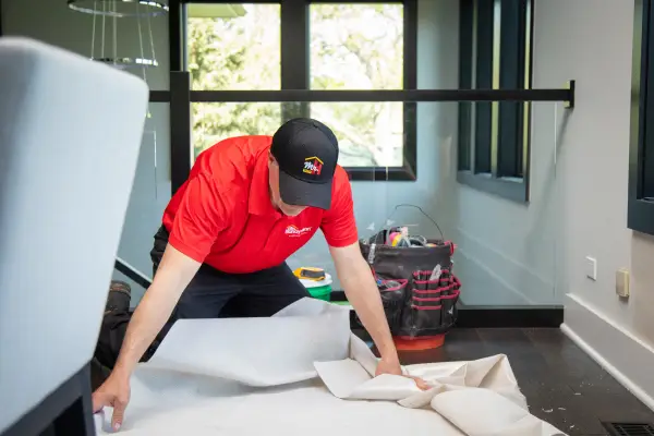 A Mr. Handyman technician preparing to perform drywall repair