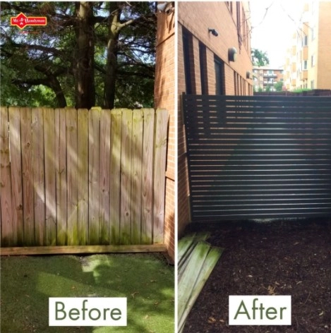 A wood fence before and after it has been replaced with a metal fence using Mr. Handyman’s home improvement services.