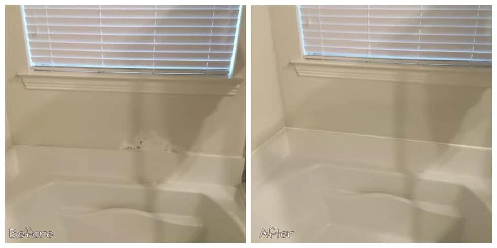 A small section of a wall above the top of a bathtub where water has created damage, and the same wall without the damage after repairs have been completed by Mr. Handyman.