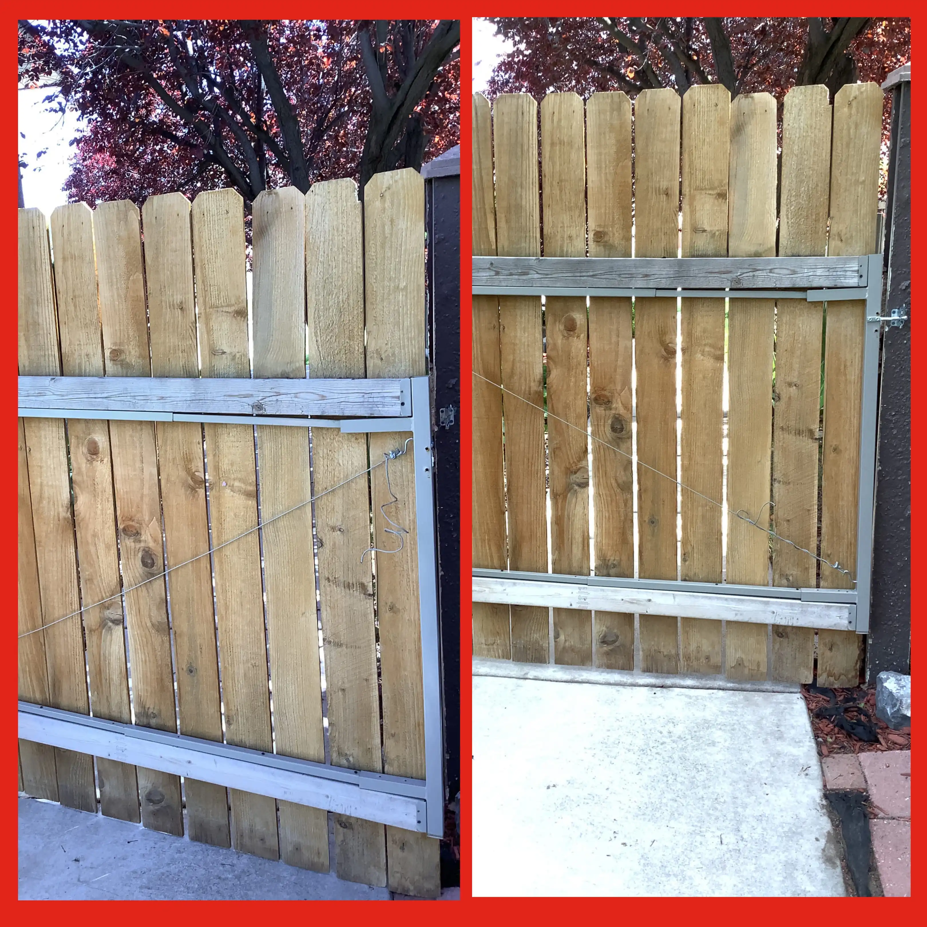 The gate on a residential fence before and after the locking mechanism has been replaced by Mr. Handyman.