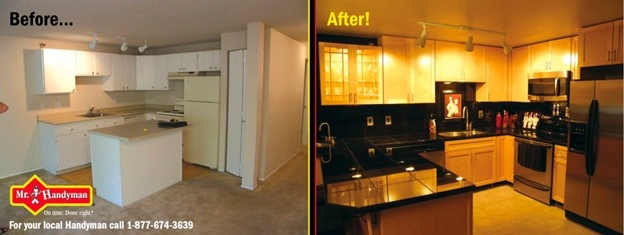 Before and after images of several kitchen renovations completed in a single kitchen with the help of professional home improvement services.