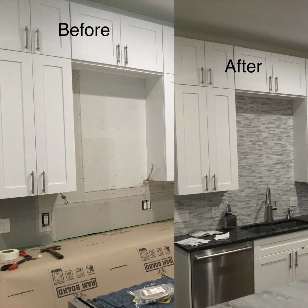 A section of a kitchen wall below the cabinets before and after a backsplash has been installed by Mr. Handyman.
