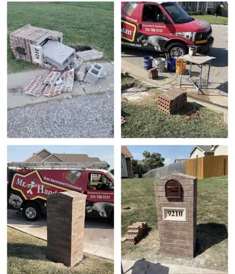 A crumbled and destroyed brick mailbox stand in the process of being rebuilt and the final results provided by Mr. Handyman’s masonry services.