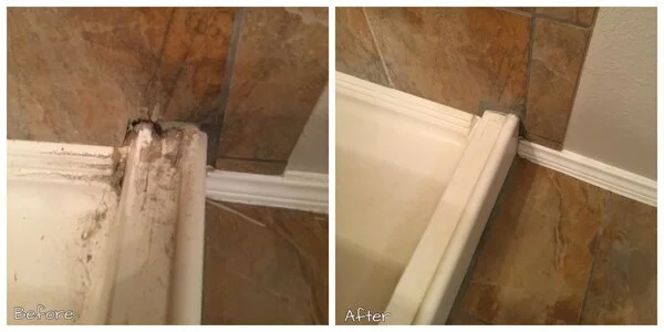 Before and after photo showcasing baseboard caulking