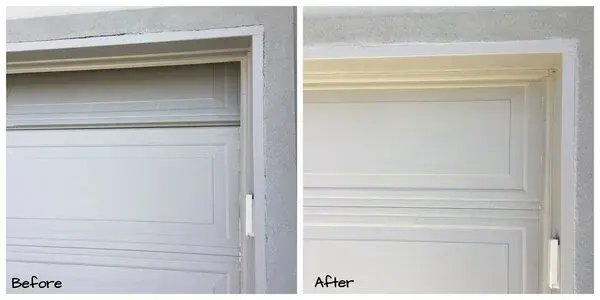 Before and after photos showcasing garage door caulking performed by Mr. Handyman