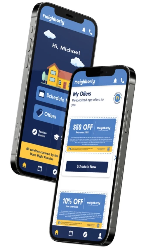 Pair of smartphones displaying Neighborly app homepage and coupons on-screen.