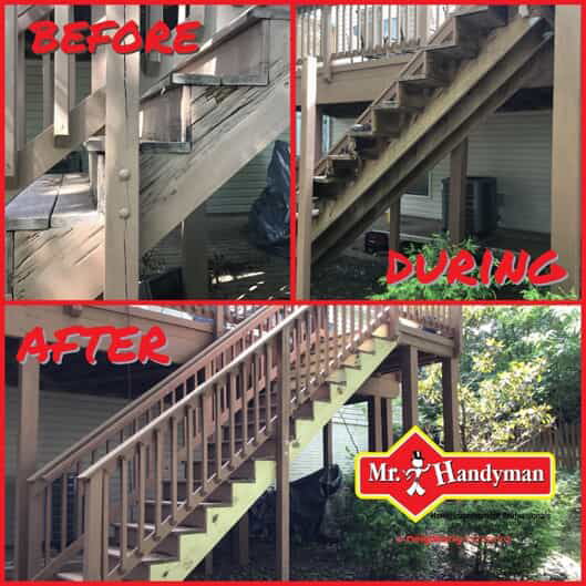 Before, during and after images of a set of old, outdoor stairs undergoing stringer replacement with the help of Mr. Handyman’s stair repair services.