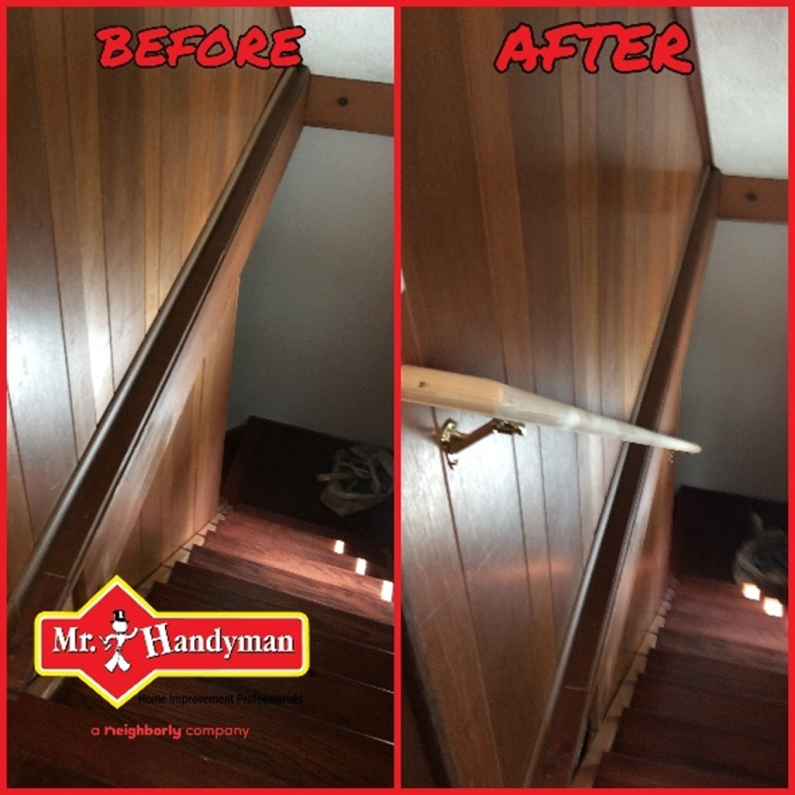  A set of basement stairs inside of a home before and after Mr. Handyman has installed a new wooden handrail along the side wall during an appointment for stair repair in Northern Virginia.