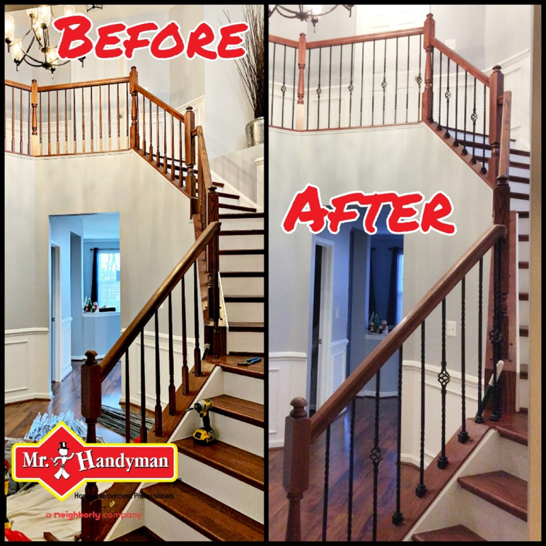 A curved set of tall stairs before and after all of the original wooden balusters have been replaced with wrought iron balusters during an appointment for stair repair in Northern Virginia.