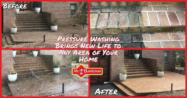 A set of exterior brick stairs before and after a layer of grime has been removed with a pressure washer during an appointment for stair repair in Northern Virginia.