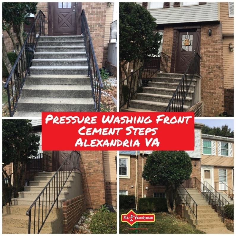 Stone steps at the front of a home before and after they have been pressure washed by Mr. Handyman during an appointment for stair repair in Northern Virginia.