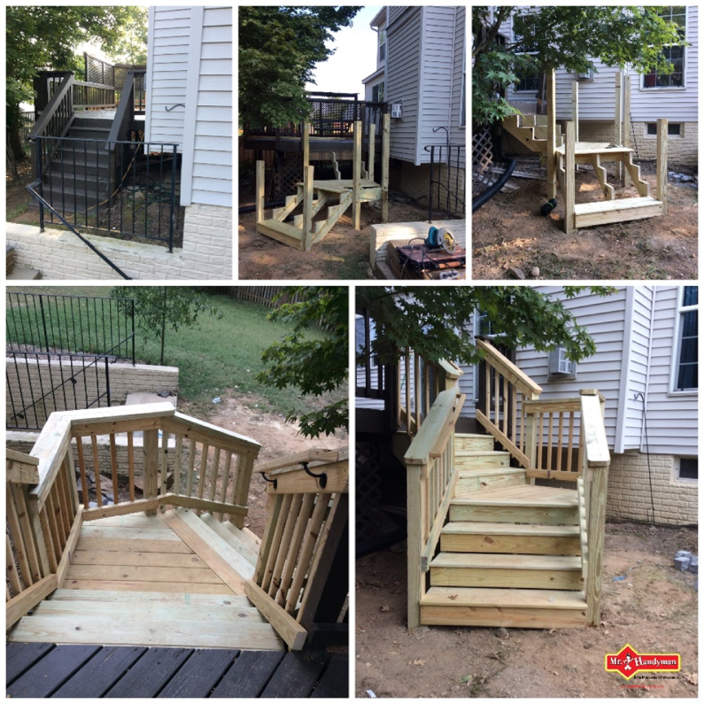 Multiple stages of a project where Mr. Handyman provided services for stair replacement in Northern Virginia in order to build a curved set of wooden stairs with a platform halfway up.