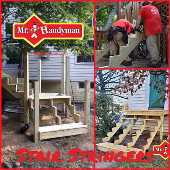 Several stringer replacement projects being completed for external sets of wooden stairs with the help of two technicians from Mr. Handyman providing services for stair repair in Northern Virginia.