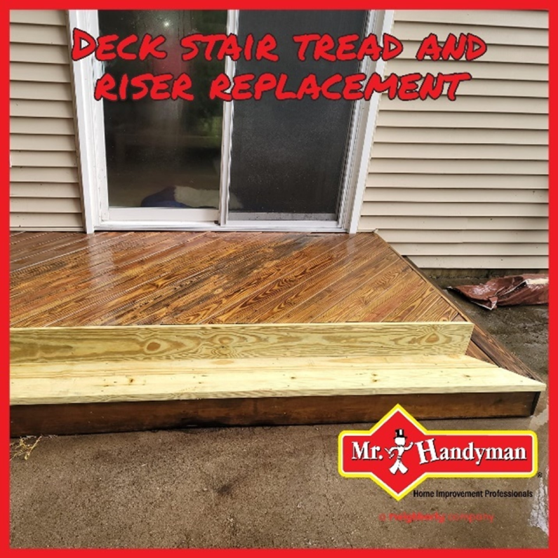 A small set of wooden patio stairs that have had their tread and riser replaced during an appointment with Mr. Handyman for stair repair in Northern Virginia.