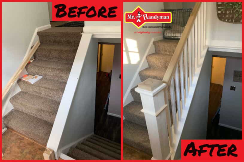 An interior set of carpeted stairs before and after Mr. Handyman has installed a new banister during an appointment for stair repair in Northern Virginia.