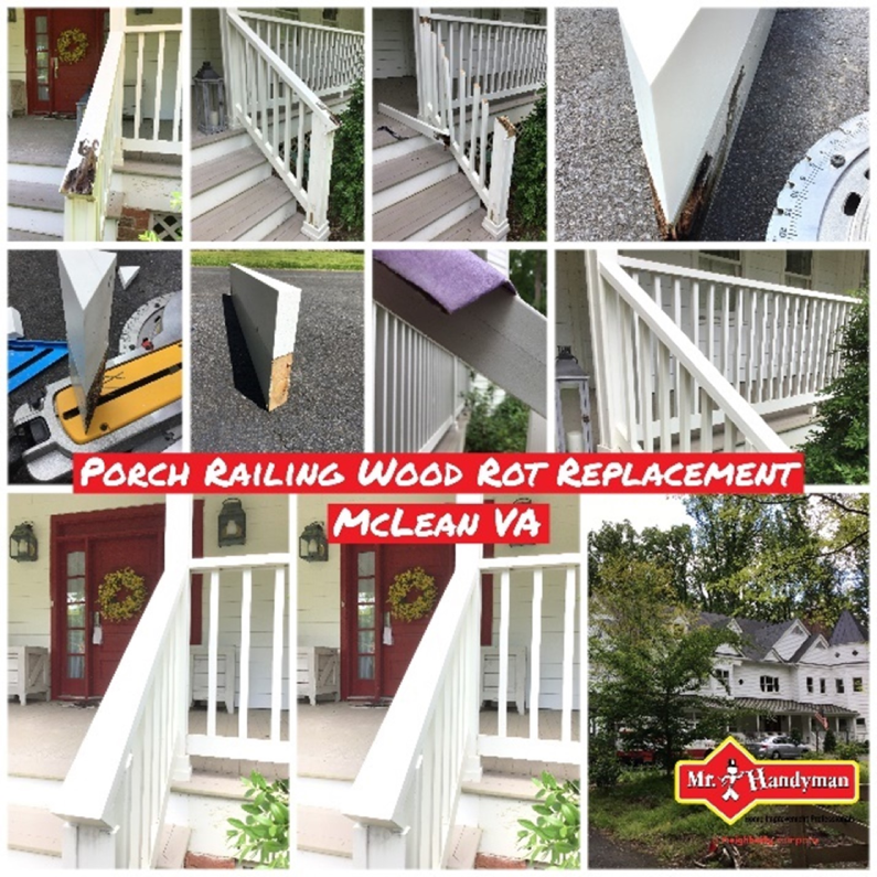 Multiple images of the stages of a wood rot replacement project being completed for a porch stair railing with the help of Mr. Handyman’s services for stair repair in Northern Virginia.