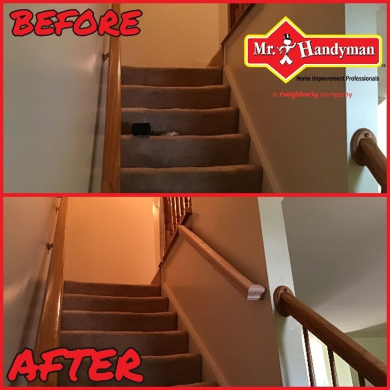 A set of stairs inside a home before and after a new railing has been installed on a small section of the adjacent wall during an appointment for stair repair in Northern Virginia.