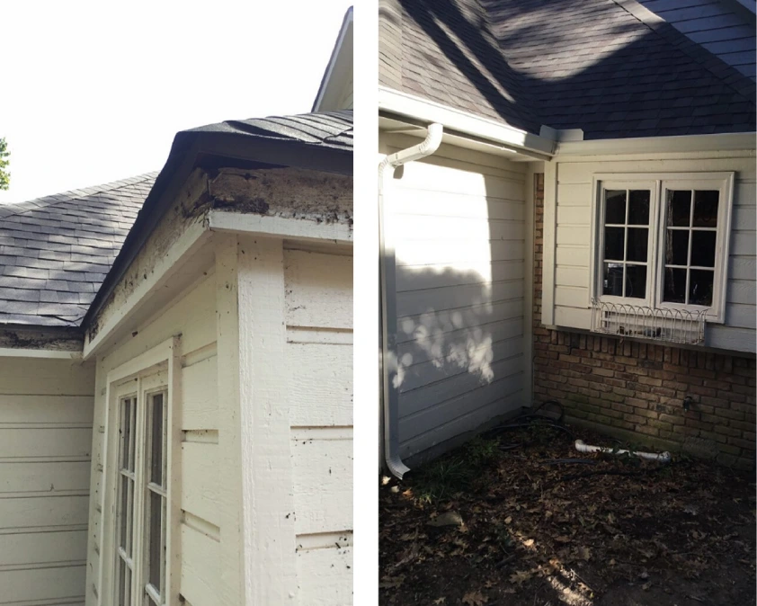 Rotten fascia boards on a home’s roofline and the completed fascia and gutter repairs for that same roofline.