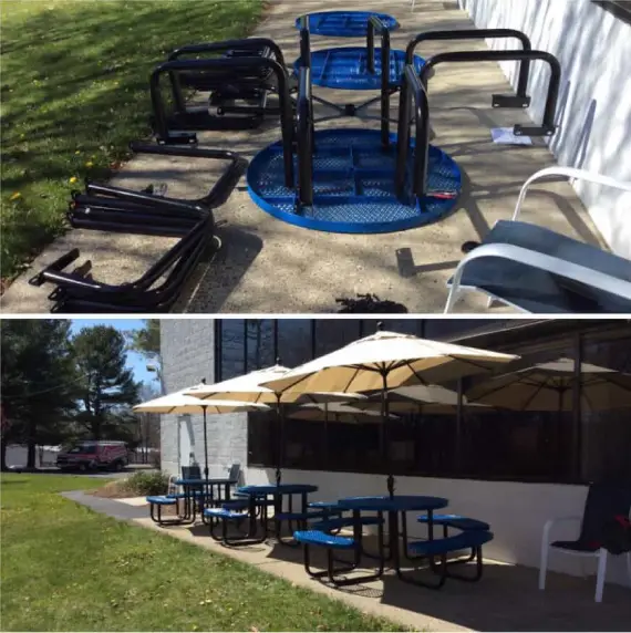 A set of metal picnic tables outside of a business before and after they have been assembled by the commercial handyman team at Mr. Handyman.