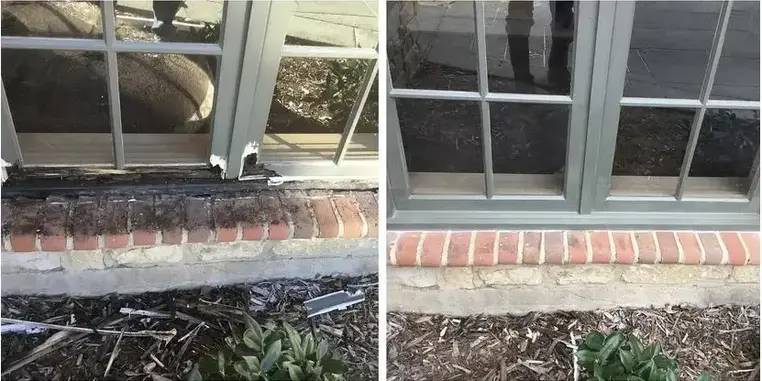 The window of a home in Keller, TX with a rotted frame before and after the rot has been repaired by Mr. Handyman.