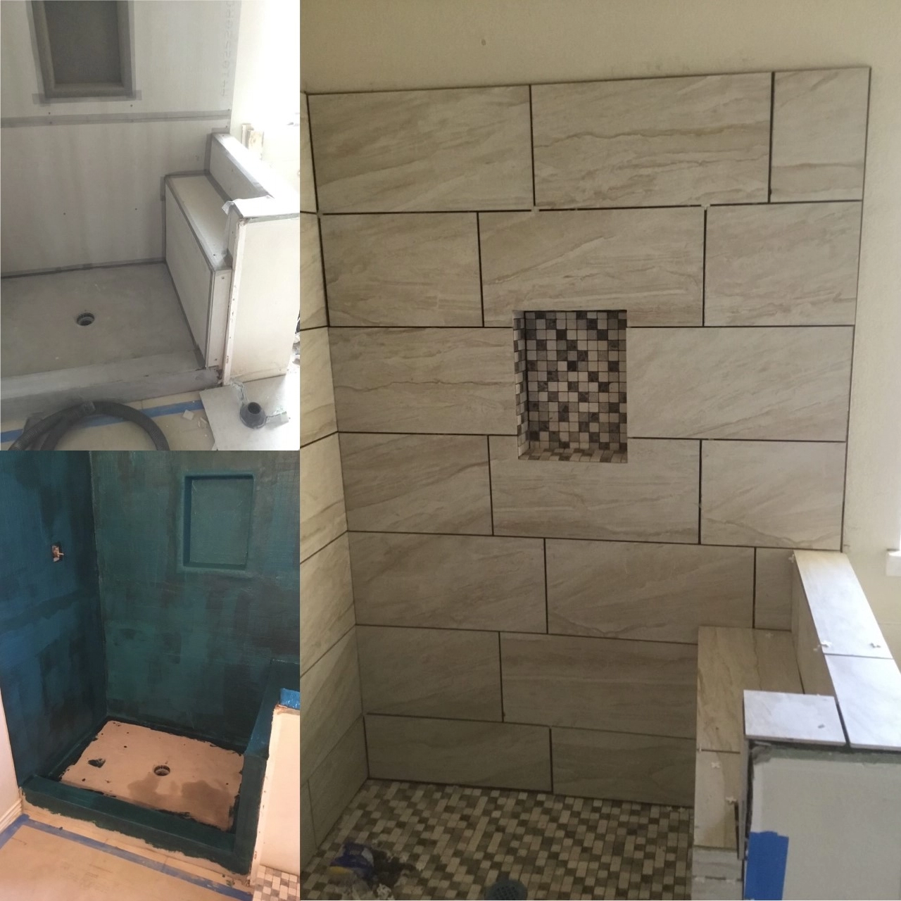 Multiple stages of a shower and bathroom remodeling project involving new tile installation for the bathroom's shower walls and floor.