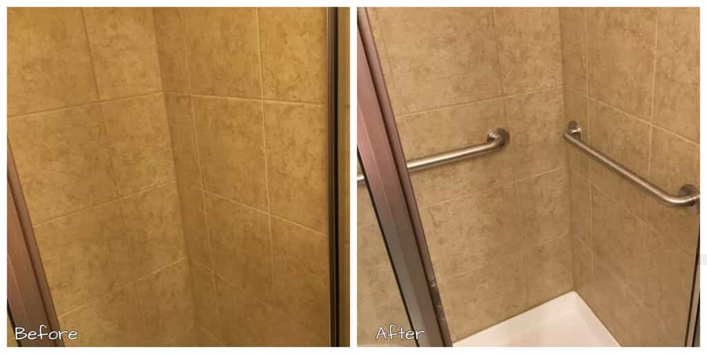 A tiled shower before and after new metal grab bars have been installed during a bathroom remodeling project.