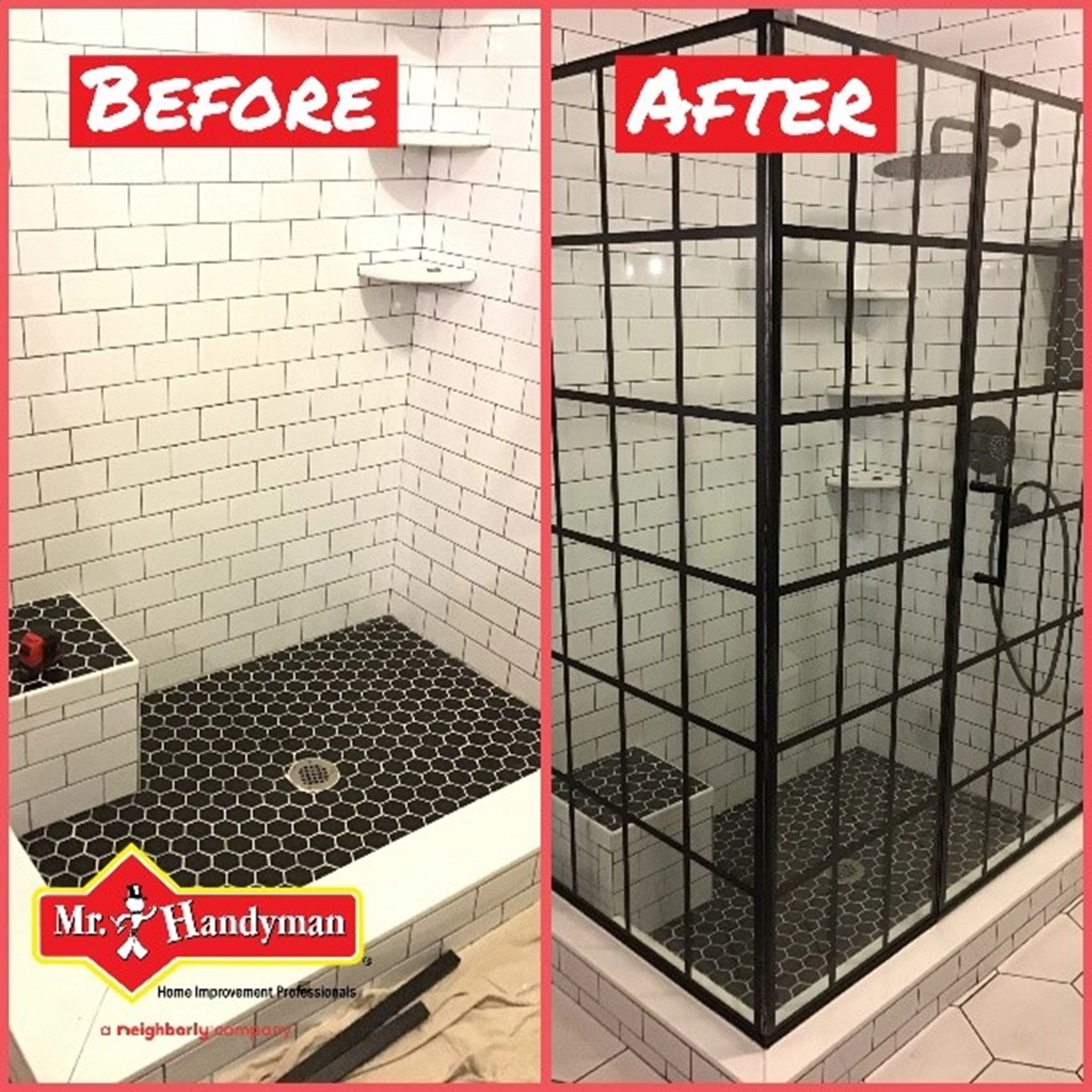 A tiled shower before and after a new glass shower enclosure and shower door have been installed by Mr. Handyman.
