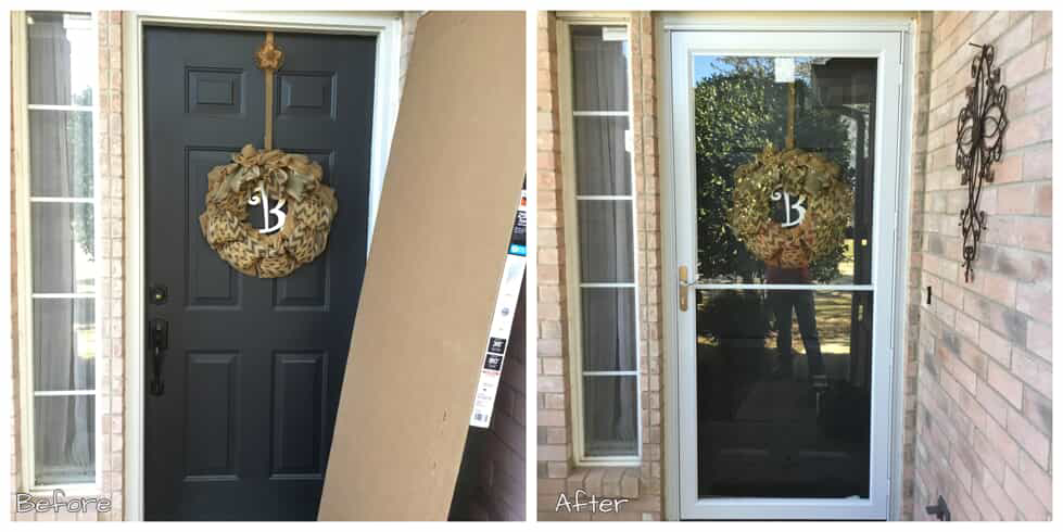 A home’s front door before and after a new storm door has been installed over the existing door.