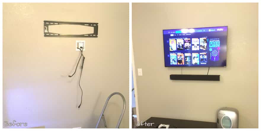 A wall with a mounted TV before and after the TV has been installed on the wall using Mr. Handyman’s hanging services.