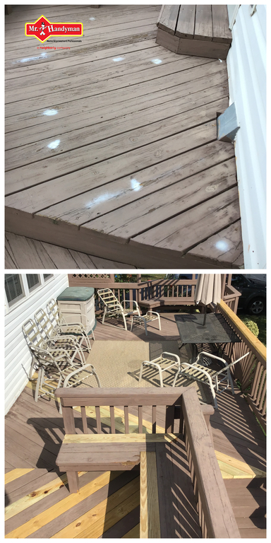 An older deck before and after several boards have been replaced with new boards during an appointment for deck maintenance in Northern Virginia.