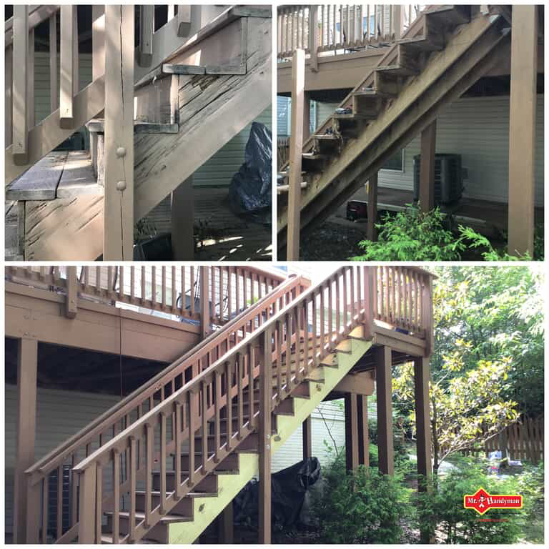 An older deck with worn out stairs before and after the stairs have been replaced using Mr. Handyman’s services for deck maintenance in Northern Virginia.