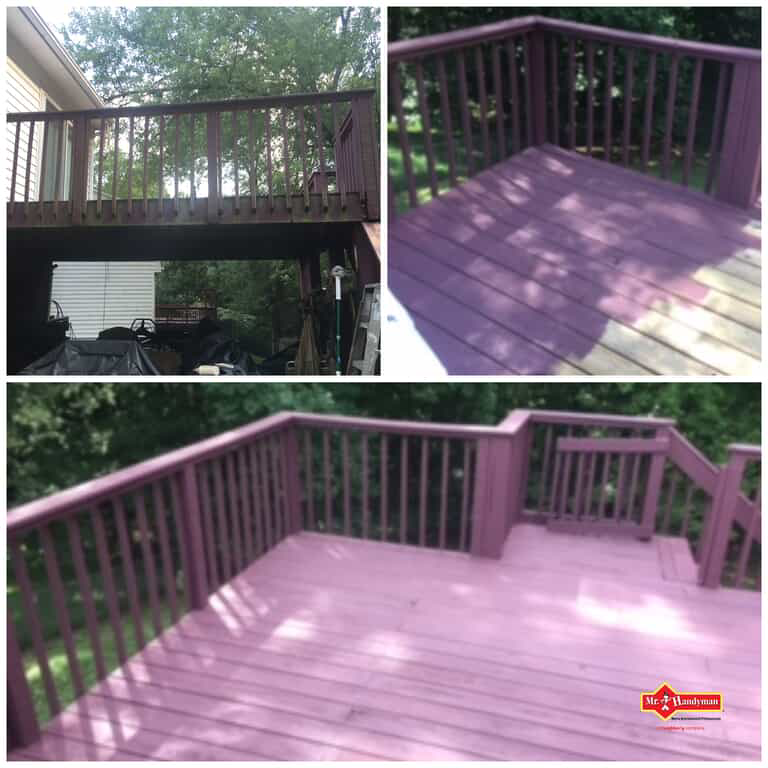 Before, during and after images of a deck staining project completed using Mr. Handyman’s services for deck maintenance in Northern Virginia.