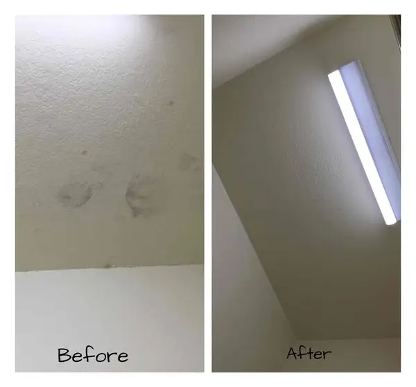 A textured ceiling before and after it has been repaired with Mr. Handyman’s services for ceiling repair in Flower Mound, TX.