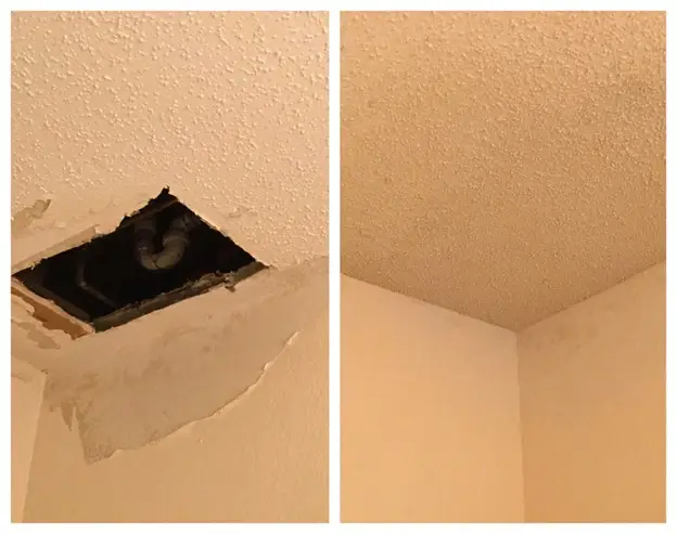 A residential ceiling in the corner of a room with a hole in it, and the same section of the ceiling after repairs and refinishing have been completed by Mr. Handyman.