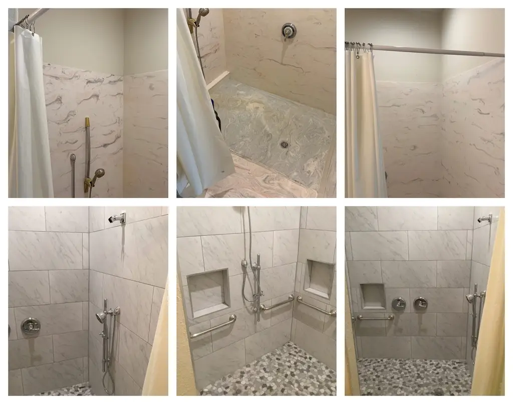 A shower remodel completed by Mr. Handyman, with new shower wall tiles, built-in storage spaces and pebble floor tiles.