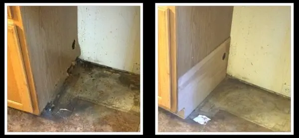 Before and after pictures of cabinet repair by Mr. Handyman in Dallas