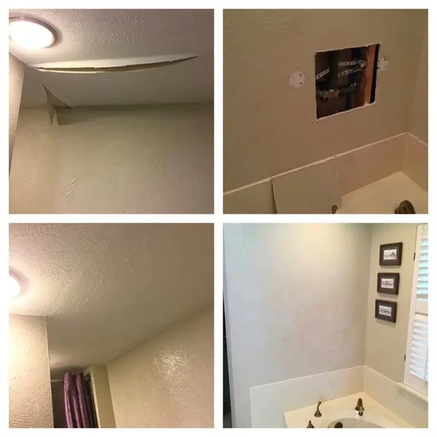 Damaged drywall on a bathroom ceiling and a section of the bathroom’s wall before and after both the ceiling and wall have been repaired by Mr. Handyman.