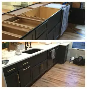 Kitchen cabinets and a countertop before and after installation has been completed by Mr. Handyman.