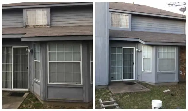 Siding on the outside of a home before and after worn sections have been replaced and refinished by Mr. Handyman.