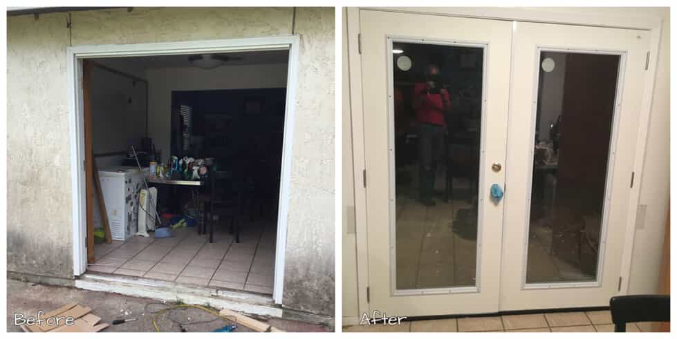 An exterior door frame before and after a new set of french doors with glass windows has been installed by Mr. Handyman.