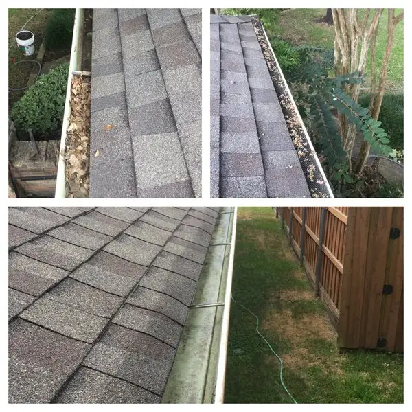 A home’s gutters before and after Mr. Handyman has provided services for gutter cleaning in Dallas, TX.