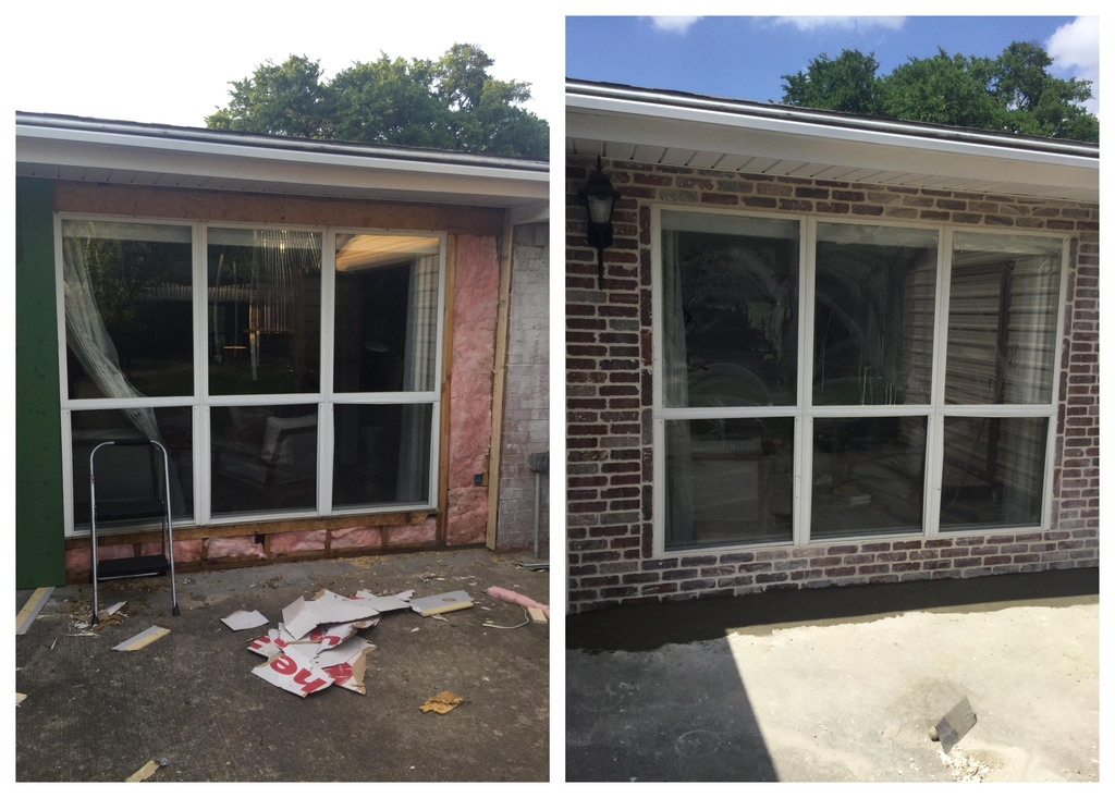 A large window surrounded by brick siding before and after the window and siding have been repaired by Mr. Handyman.