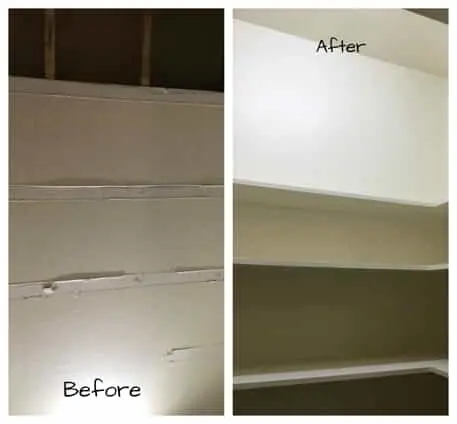 A wall inside of a home’s closet before and after new shelving has been installed by Mr. Handyman.