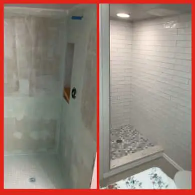 The shower stall of a standing shower in a residential bathroom before and after new tile has been installed on the walls and floor during a Naples bathroom remodel. 