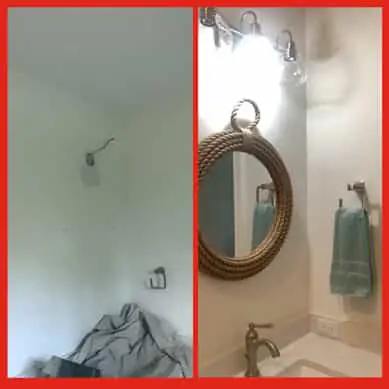 The wall above a sink in residential bathroom before and after a new mirror and new lighting has been installed during a Naples bathroom remodeling project.