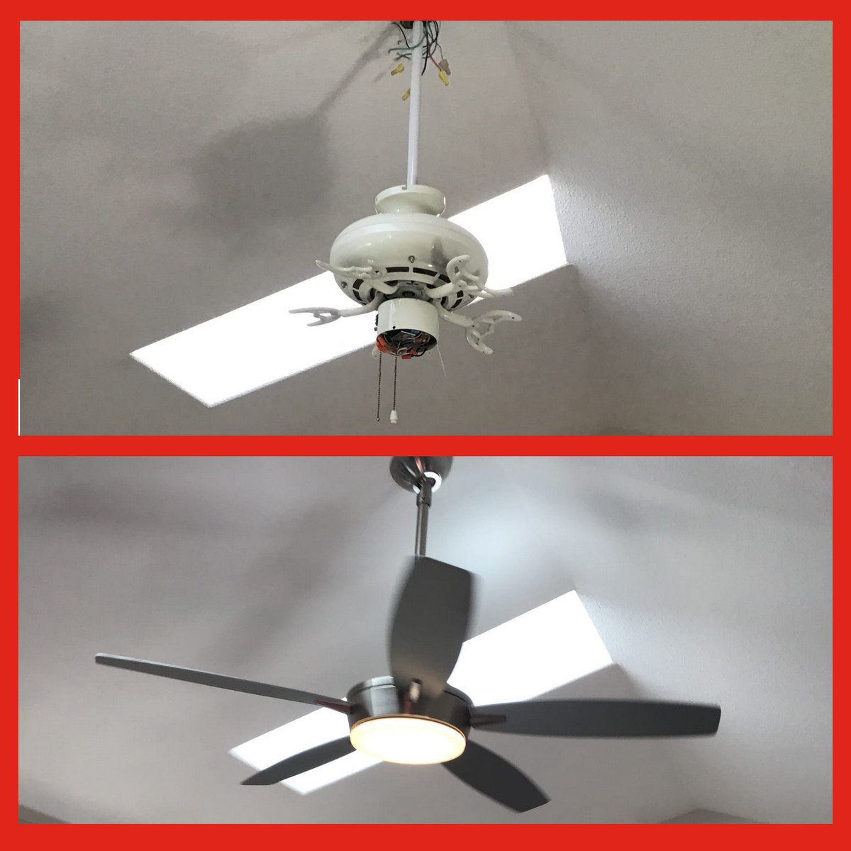 irst image showing an outdated unit with exposed wiring and no blades. Second image shows a brand-new 5-blade unit with a built-in light fixture.