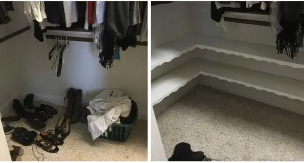  Before and after images of custom closet shoe shelving installed by a finish carpenter in McKinney, TX