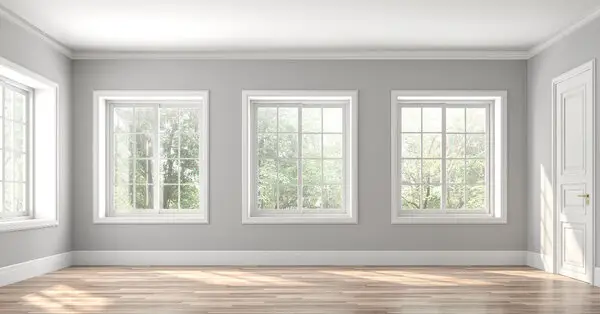 A row of three new white windows inside of an empty room in a home where new window installation has been completed.
