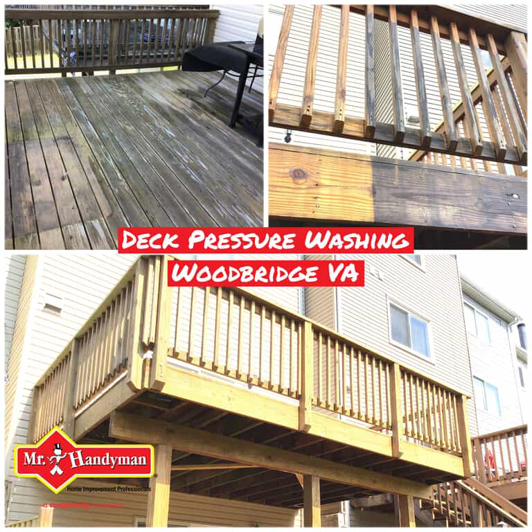 An aging, stained deck before and after it has been pressure washed and made to look brand-new with Mr. Handyman’s services for deck maintenance in Northern Virginia.